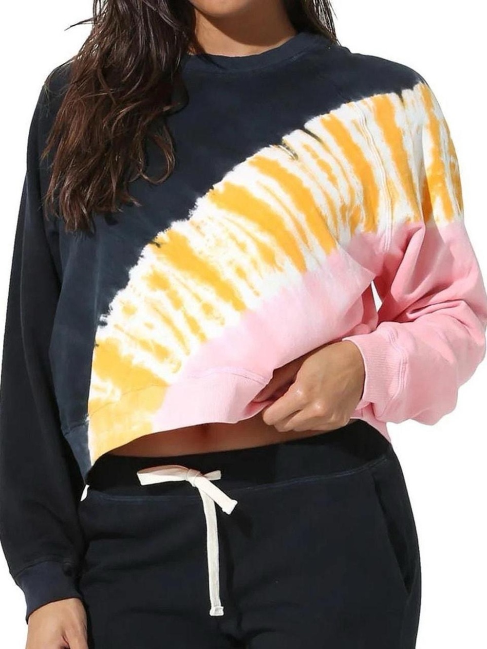 Electric & Rose Cropped Tie-Dye Crewneck Sweater - Black, Yellow & Pink